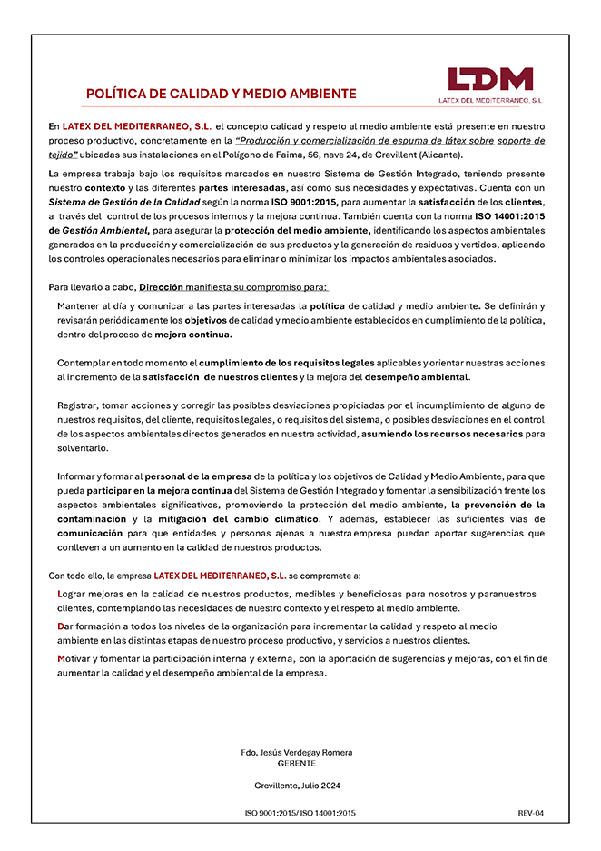 Política de Calidad y Medio Ambiente Rev. 4 julio 2024